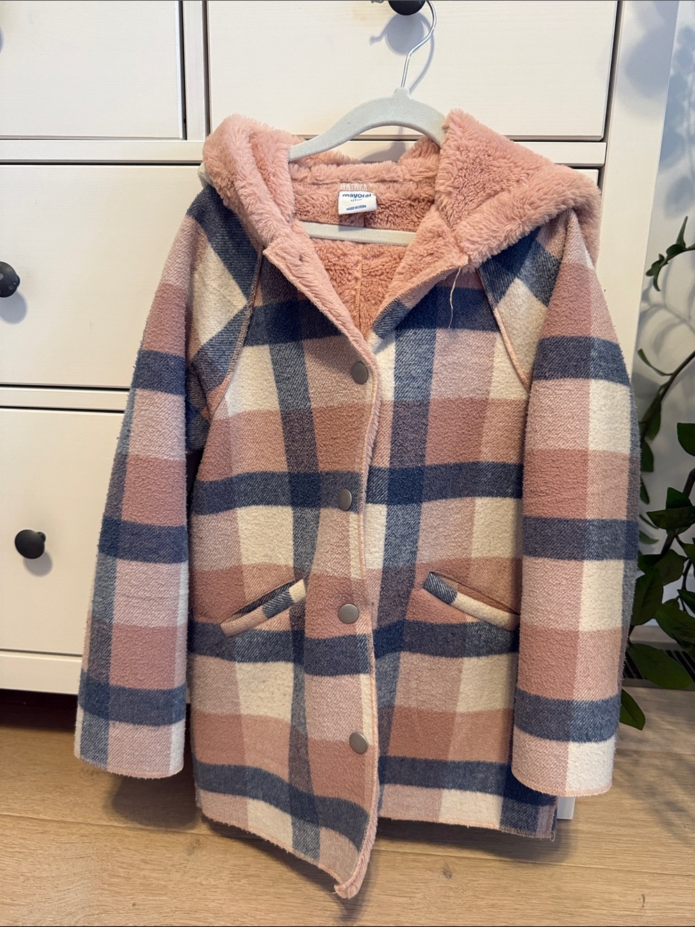 Mayoral Plush Hooded Plaid Coat in Dusty Rose & Navy size 7
